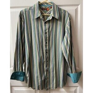 Nyne Button Up Shirt Mens Xtra Large Contrasting Fabric Cuffs Striped Blue Green